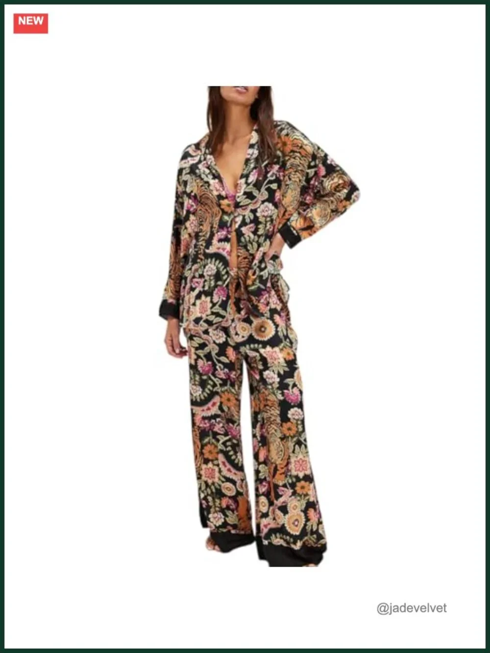 Satin Pajama Set 2 Piece Silk Blend Pjs Long Sleeve Button Down Wide Leg Lounge